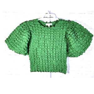 Anthropologie eri + Ali Textured Puff Sleeve‎ Green Size Small Petite